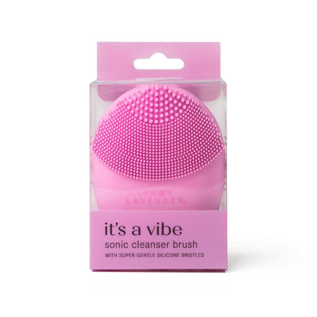 Pink Lemon Lavender It’s a Vibe Sonic Cleanser Brush with "LAVENDER" branding, antibacterial silicone bristles, sizes available.