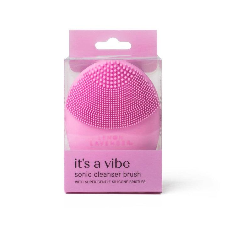 Pink Lemon Lavender It’s a Vibe Sonic Cleanser Brush with "LAVENDER" branding, antibacterial silicone bristles, sizes available.