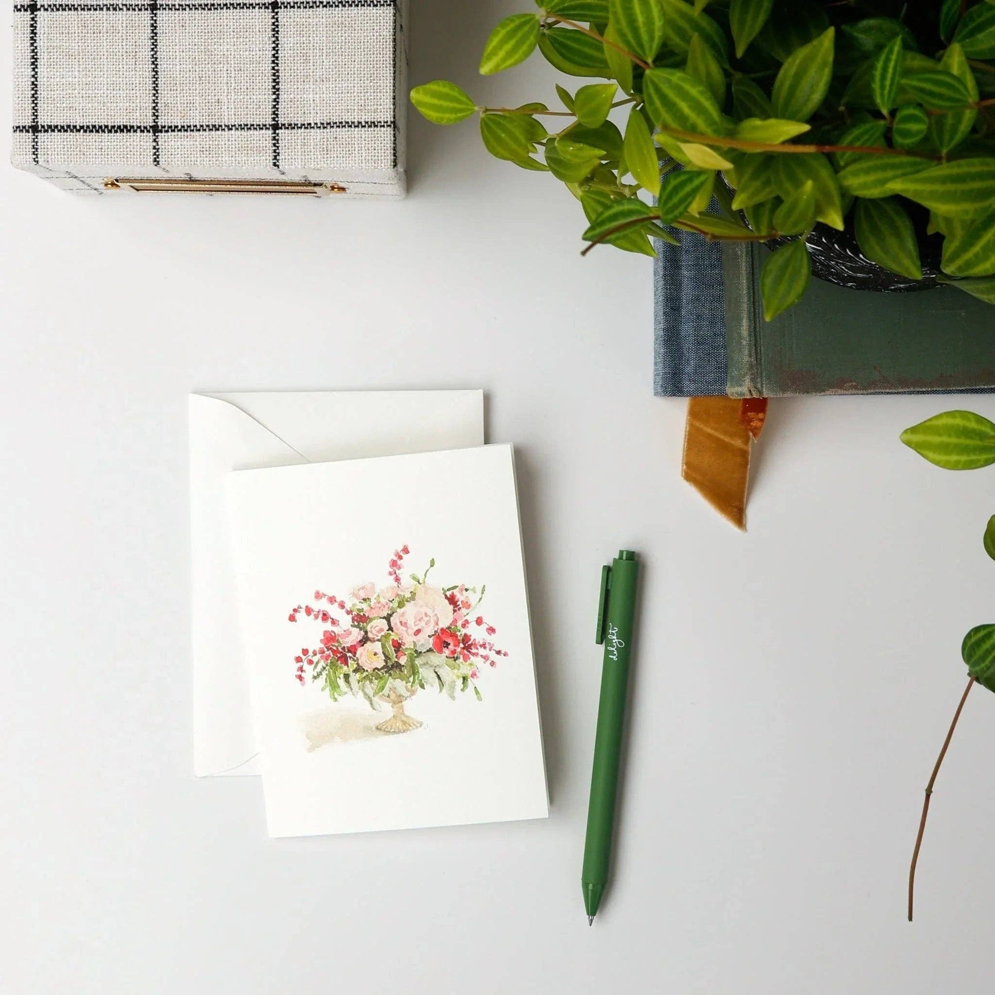 The Pinks bouquet notecards feature a watercolor floral design. Available in 4x6 and 5x7 inch sizes.
