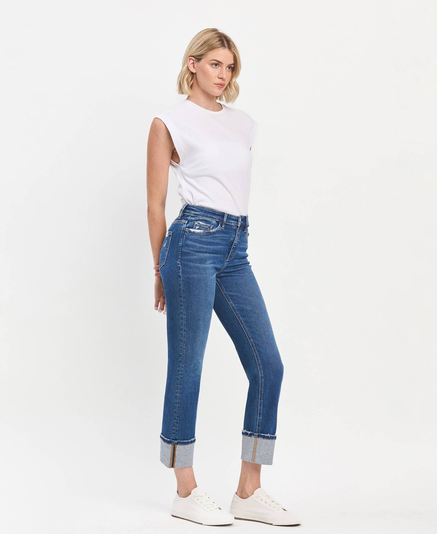 High Rise Cuffed Slim Straight Blue Jeans, available in sizes 24–32.