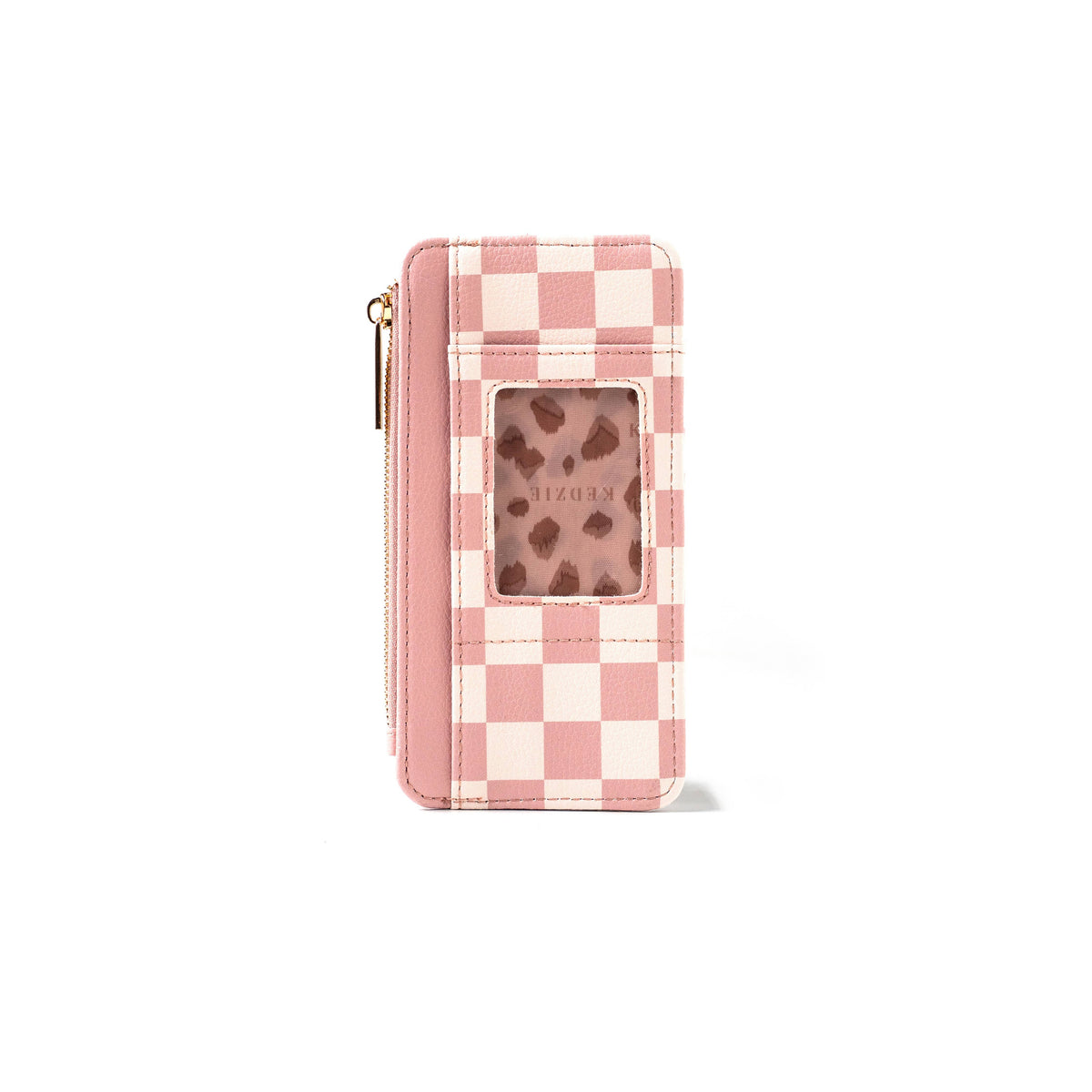 Pink and white checkered vegan leather zippered wallet with a clear ID window, gold zipper on the left side. Available sizes: not specified.
