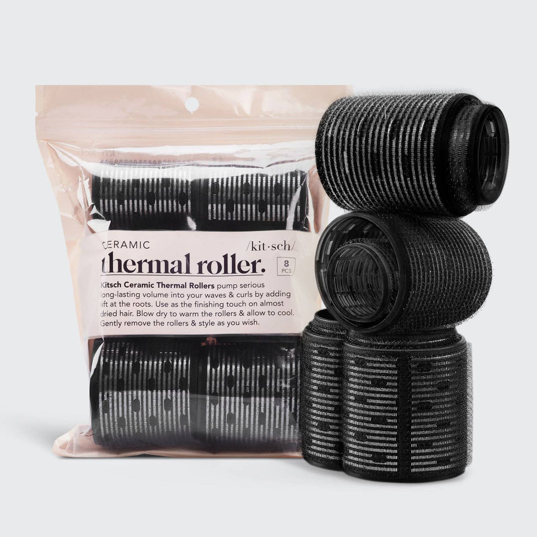 Black ceramic thermal hair rollers, 8pc pack, boost volume. Available in small, medium, large sizes. Clear "Kitsch" packaging shown.