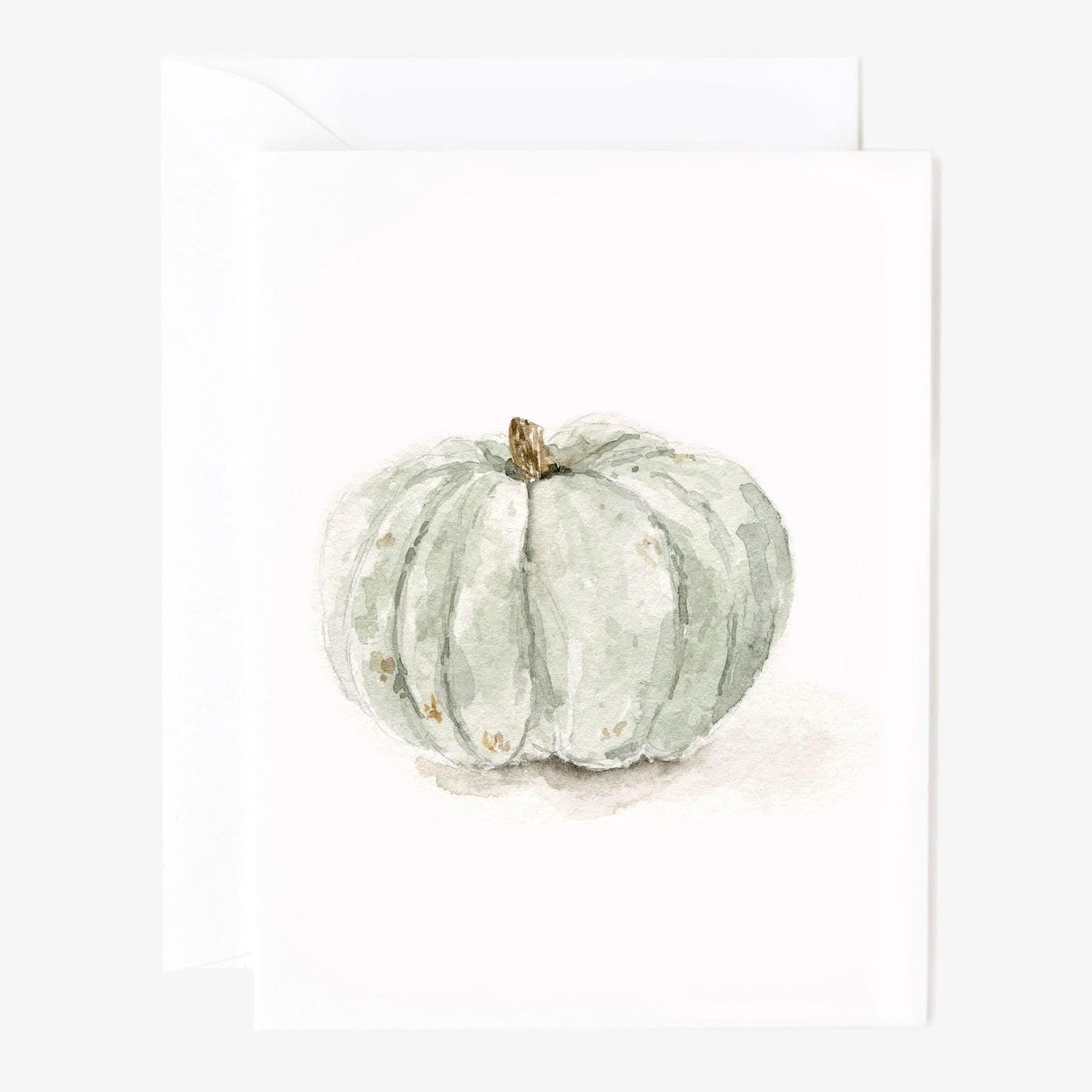 Watercolor pale green pumpkin design on white card; available in standard notecard sizes.