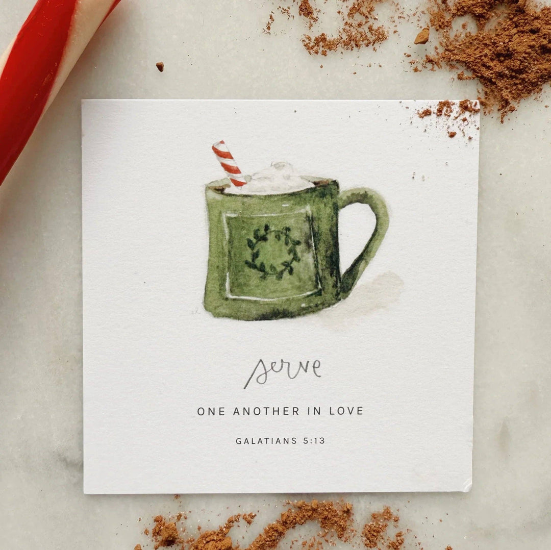 Truth for Today card with a watercolor green mug and Bible verse: "Serve one another in love. Galatians 5:13." Sizes available.