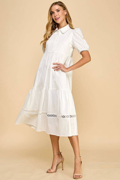 White Button-Up Collared Contrast Trim Midi Dress