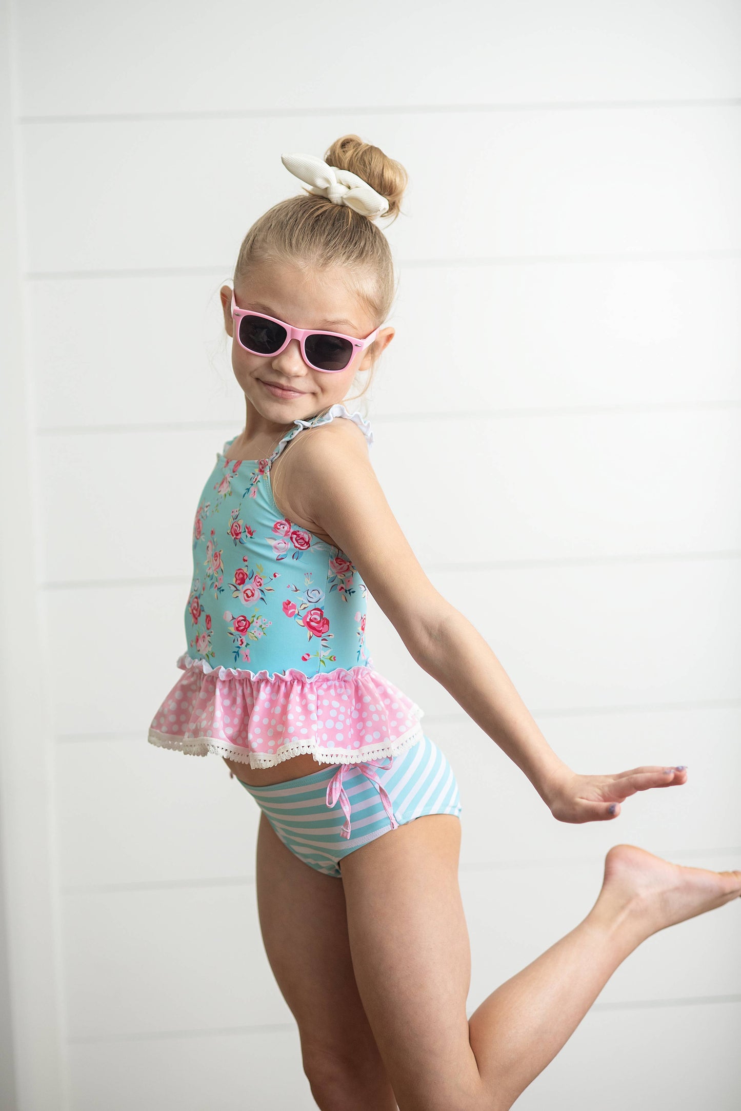 Kids Pink & Blue Ruffle Cross Back 2 Piece Swimsuit