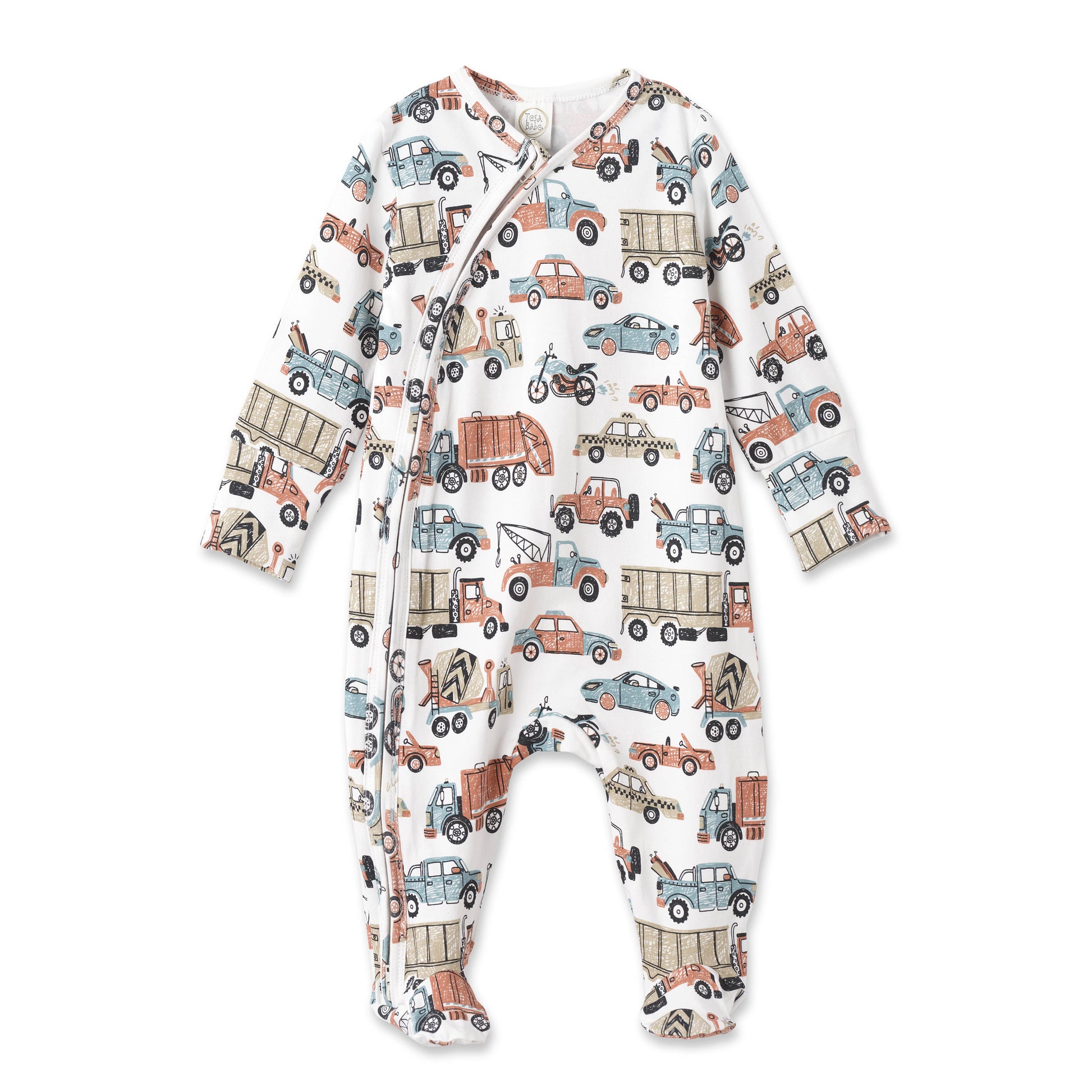 Let's Ride Bamboo Zipper Romper with truck, car, and motorcycle print. Long sleeves/legs. Hypoallergenic. Sizes: NB-24M.