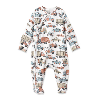 Let's Ride Bamboo Zipper Romper with truck, car, and motorcycle print. Long sleeves/legs. Hypoallergenic. Sizes: NB-24M.