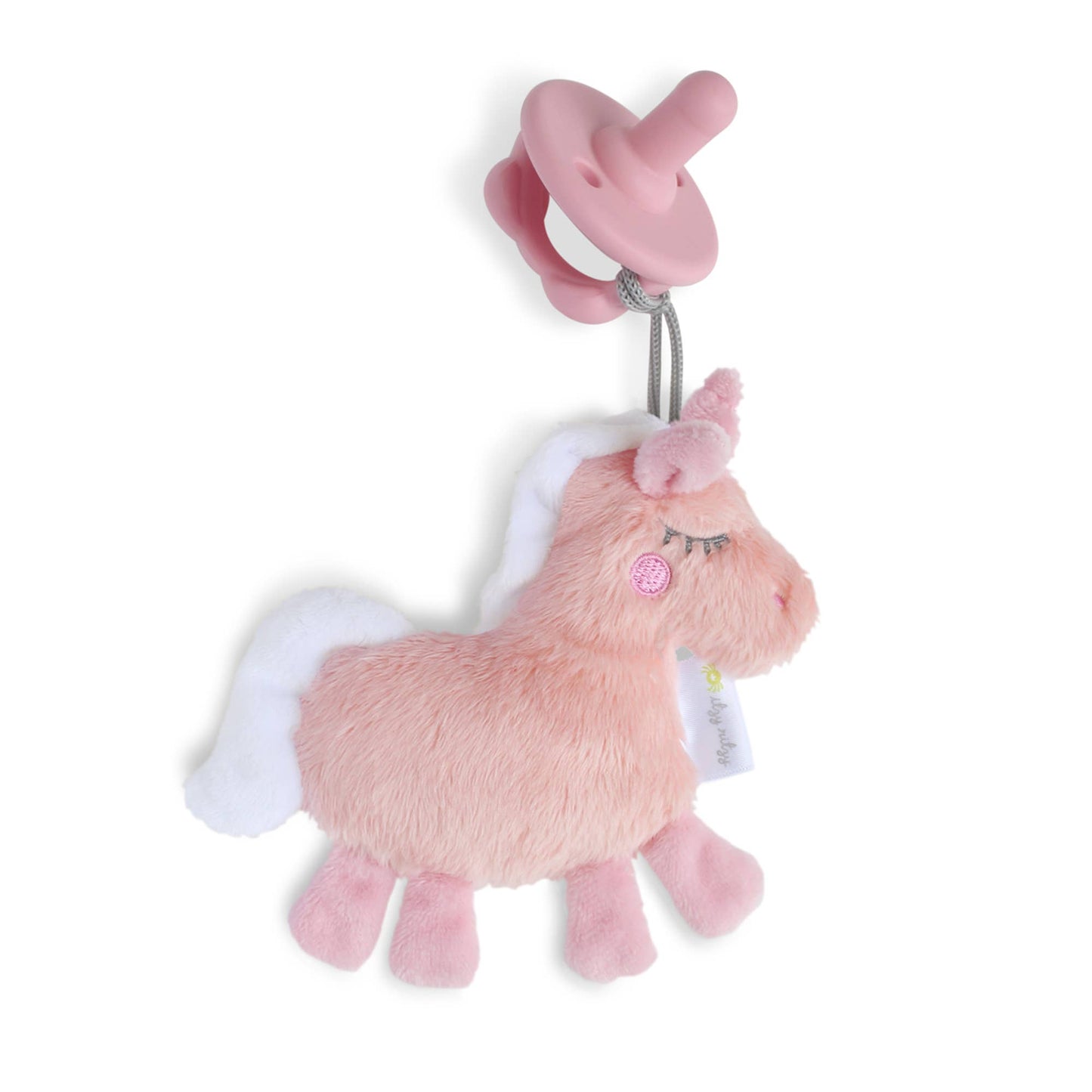 A pink plush llama toy with white wings attached to a Sweetie Pal™ Plush & Pacifier: Dino by a silver cord, isolated on a white background.