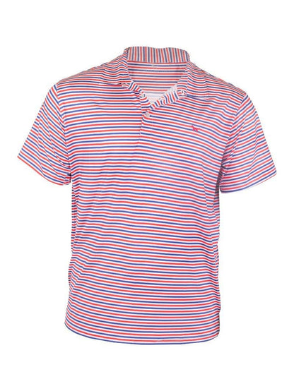 Men's red and blue striped collared polo with chest logo, button placket. Available in S-XXL.