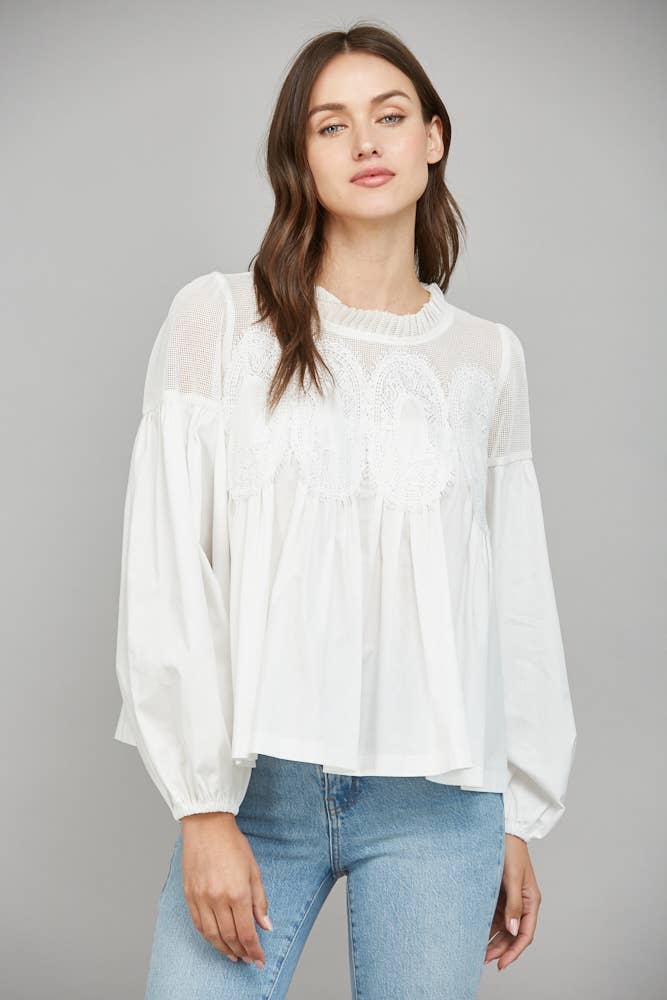Lace Appliqué Detail Mixed Media Long Sleeve Blouse