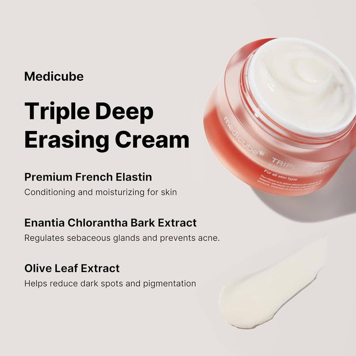 Open MEDICUBE Triple Collagen Cream jar with visible cream and smear; text highlights key benefits. Available in multiple sizes.