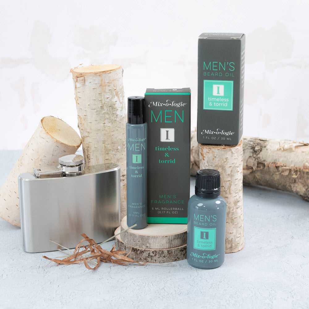 Mixologie Men I Cologne Oil Rollerball shown with box. Alcohol-free, long-lasting men’s fragrance. Available in 5ml size.
