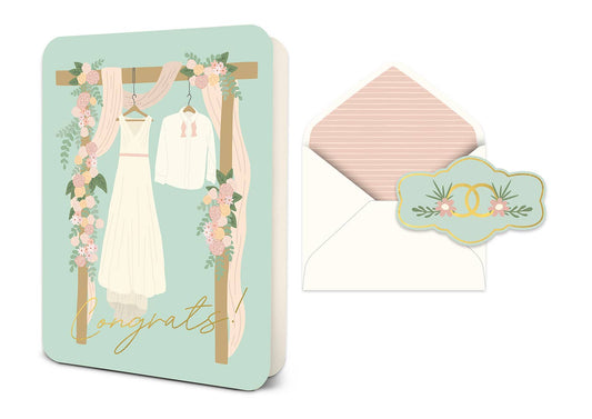 Congrats Wedding Attire Greeting Card with dress and suit art, gold script. Includes envelope. Size: 5" x 7".