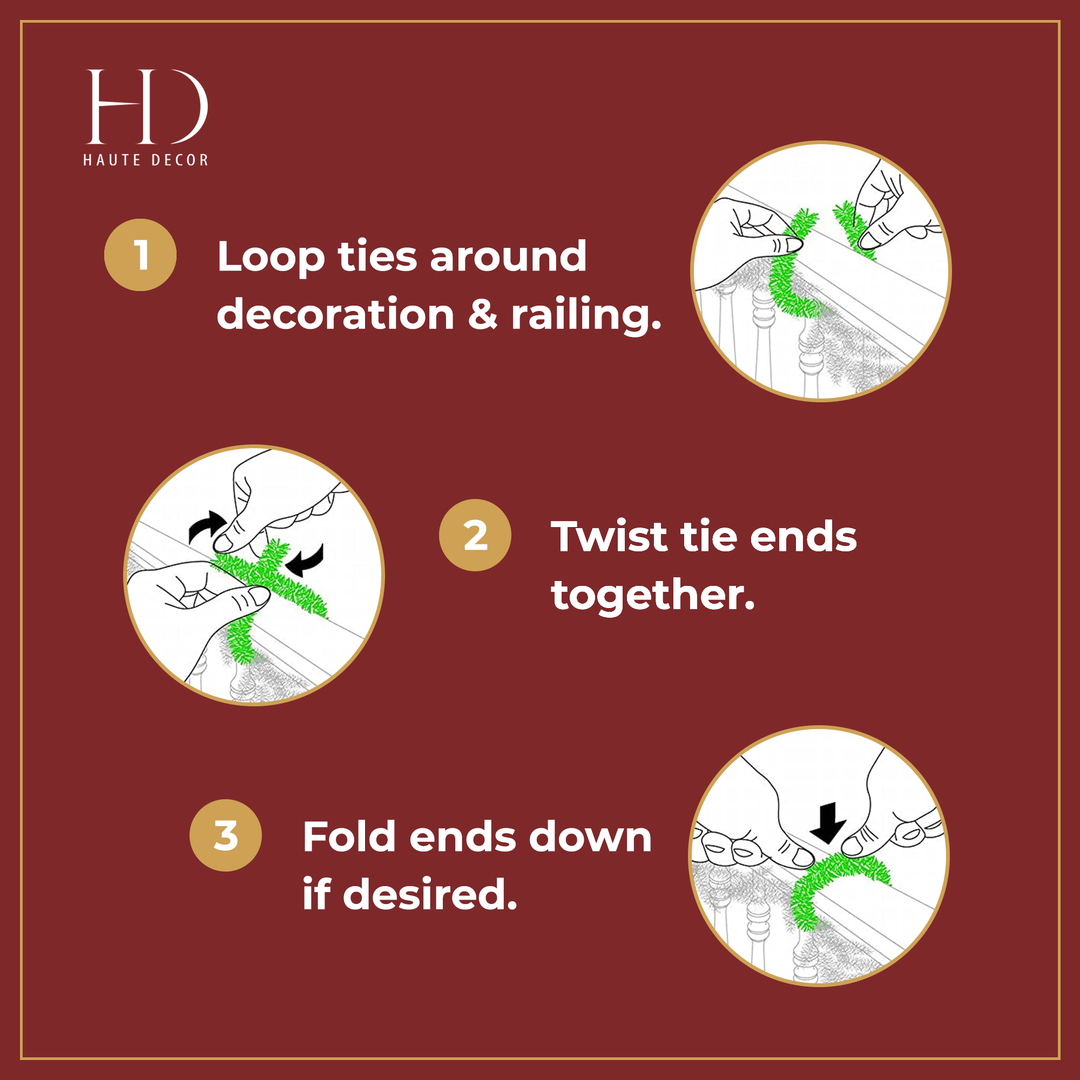 Instructional graphic showing three steps to secure 14-inch GarlandTies™, 10 Pack: loop the tie, twist the ends, and fold.
