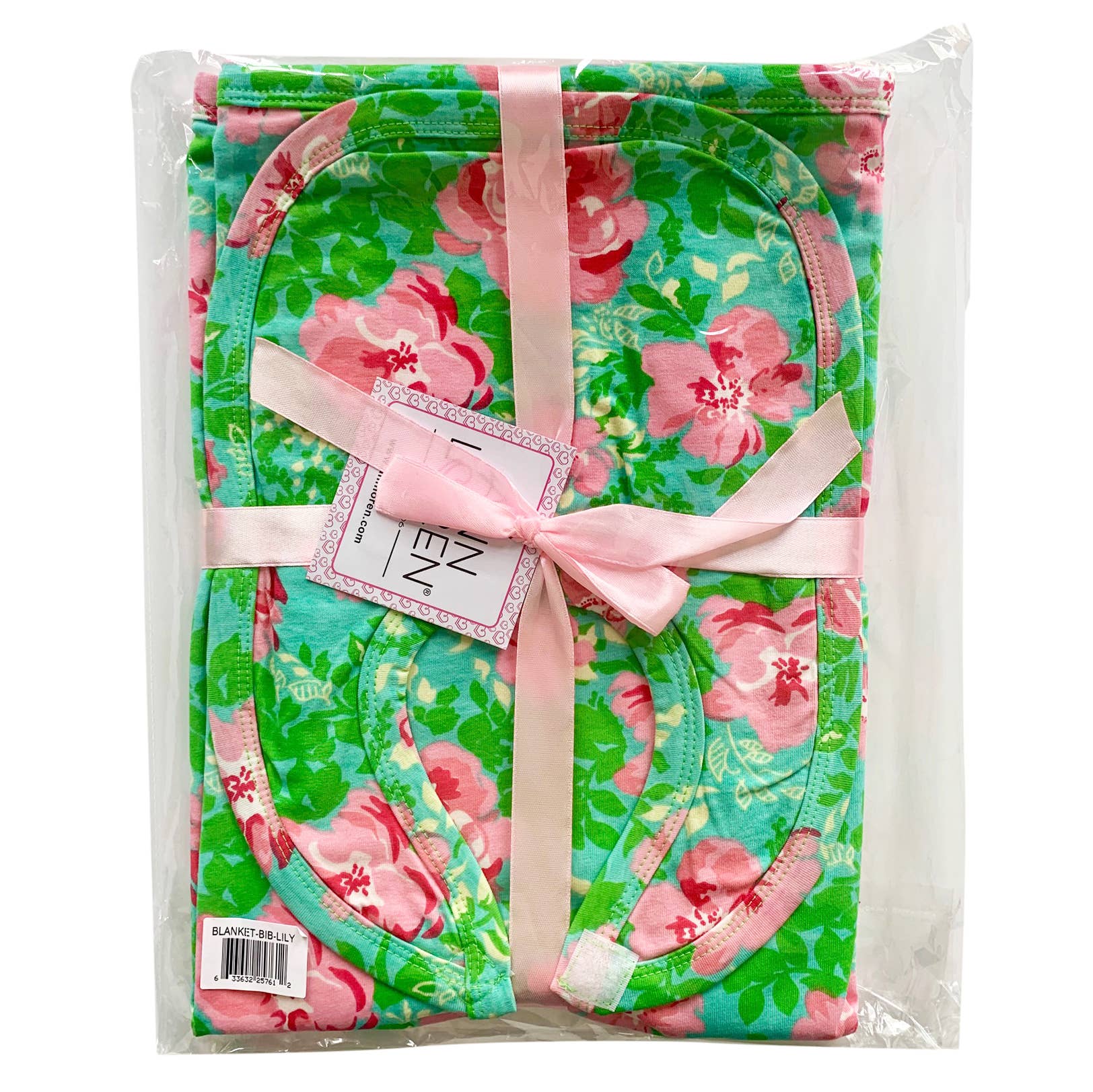 A Pink Floral Blanket+Bib Baby Shower Gift Set with green flip-flops with pink details, strapped together with a pink ribbon, and displayed in clear plastic packaging.