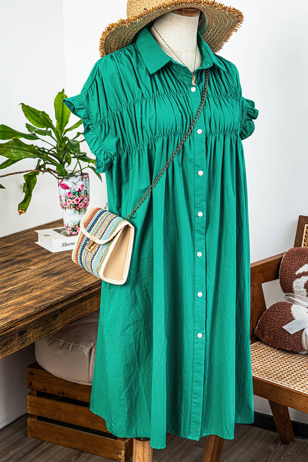 Missy Shirred Ruffle Sleeve Button Up Dress in green. Available in sizes XS-XL.