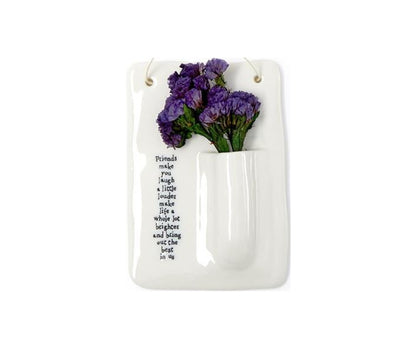 White ceramic wall vase with purple dried flowers, heartfelt friendship quote; available in 8" x 5" size, boxed for gifting.