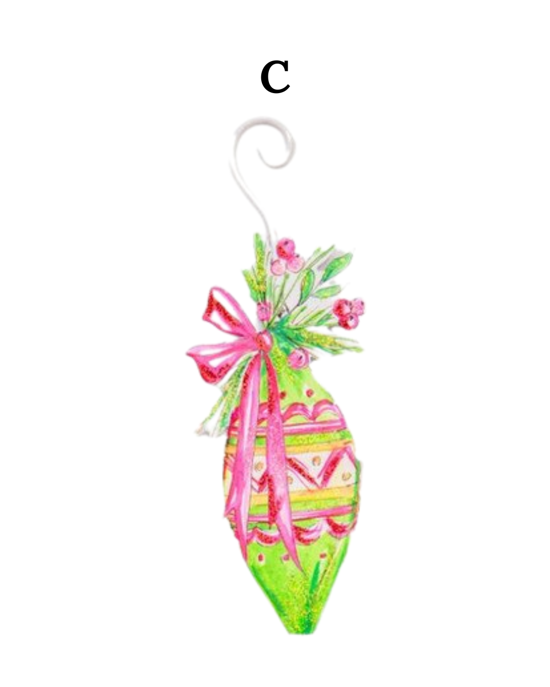 Beck’s Vintage Ornaments featuring a green, elongated ornament with pink and yellow patterns, pink ribbon, green sprigs, berries, and the letter C. Available in various sizes.