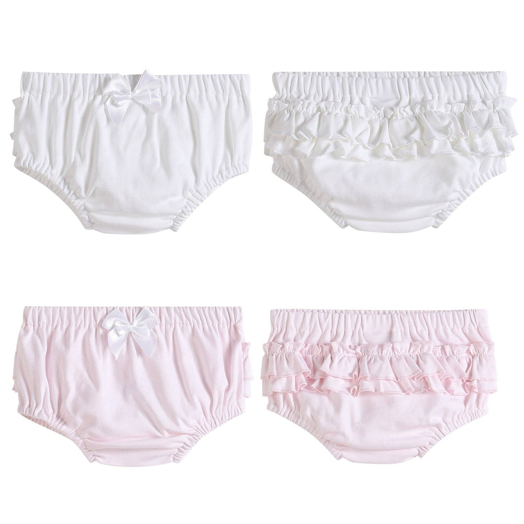 White and pink cotton baby bloomers 2pc set, size 3-6M. Soft knit fabric.