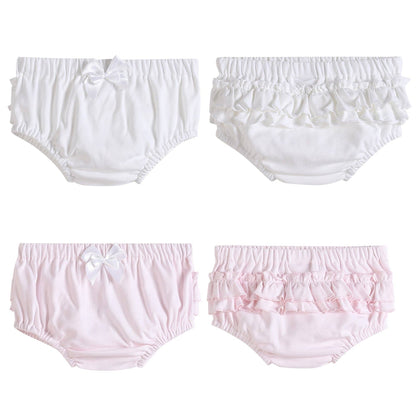 White and pink cotton baby bloomers 2pc set, size 3-6M. Soft knit fabric.