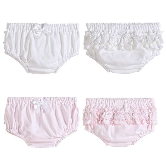 White and pink cotton baby bloomers 2pc set, size 3-6M. Soft knit fabric.