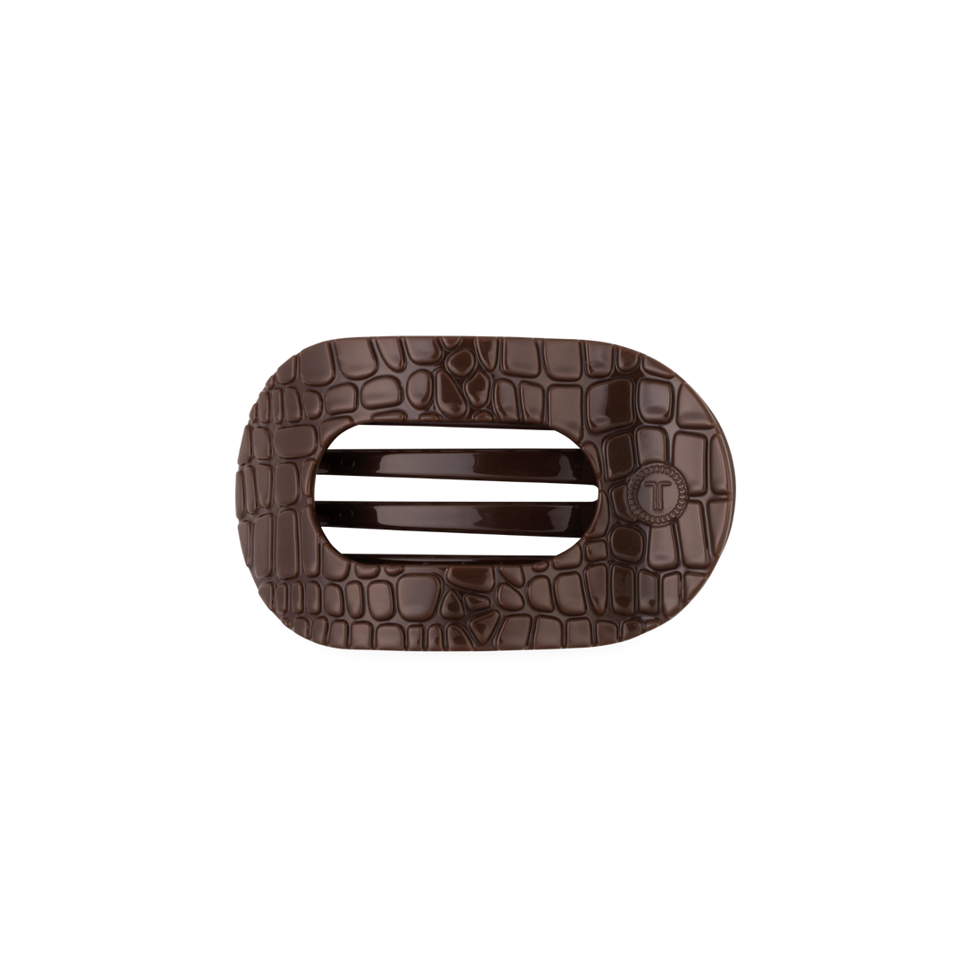 Brown Crocodile Small Flat Round Hair Clip with an oval shape, embossed crocodile pattern, and two horizontal cutouts; available in multiple sizes.