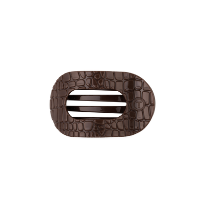 Brown Crocodile Small Flat Round Hair Clip with an oval shape, embossed crocodile pattern, and two horizontal cutouts; available in multiple sizes.