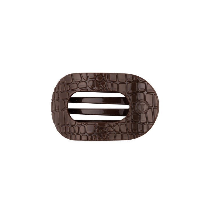 Brown Crocodile Small Flat Round Hair Clip with an oval shape, embossed crocodile pattern, and two horizontal cutouts; available in multiple sizes.