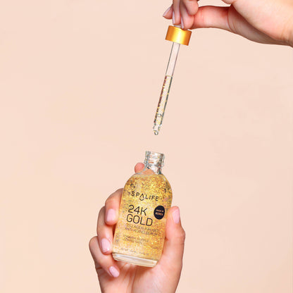 Gold 24K Collagen Anti-Aging Serum bottle with dropper containing gold-infused serum. Available in 30ml and 50ml sizes.