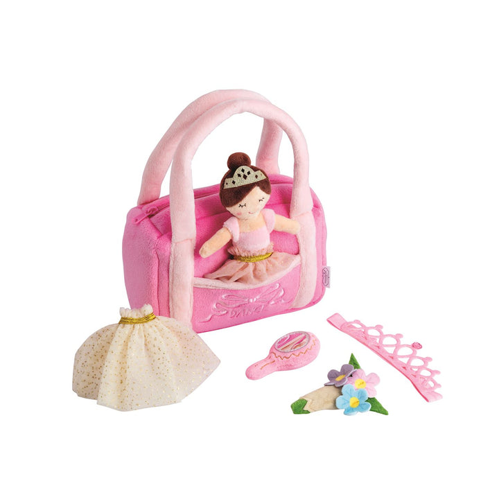 Ballerina Plush Set: pink ballet bag, ballerina doll, cream skirt, pink mirror, tiara, felt flower bouquet. Sizes available.