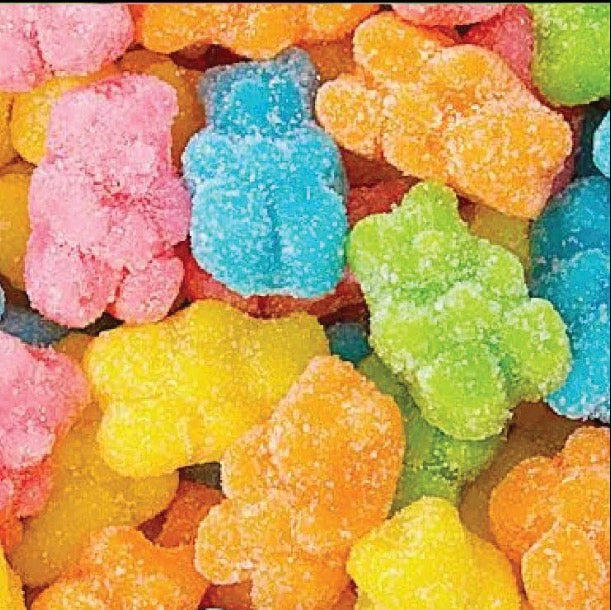 Mahjong Small Candy Bags: Assorted sugar-coated gummy bears in pink, blue, orange, yellow, and green. Various sizes available.