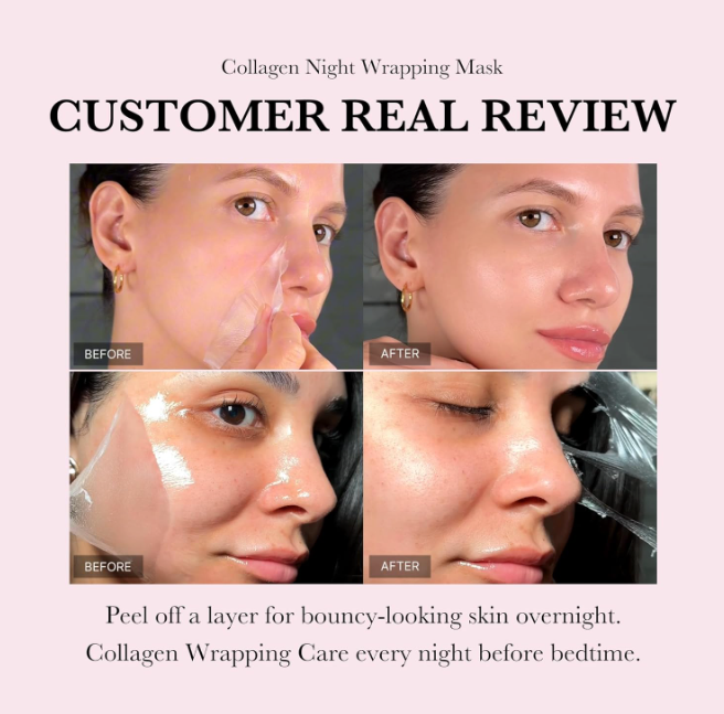 MEDICUBE Collagen Night Wrapping Mask shown with gentle peel-off process. Text highlights customer review. Available in 70ml.