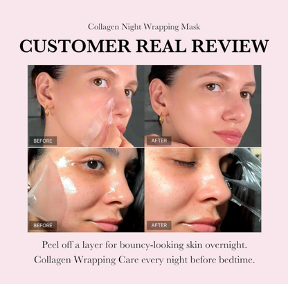MEDICUBE Collagen Night Wrapping Mask shown with gentle peel-off process. Text highlights customer review. Available in 70ml.