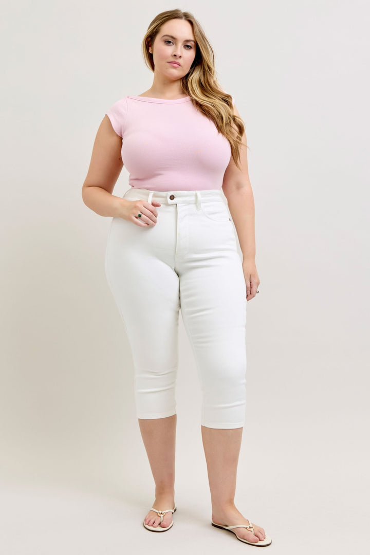 Judy Blue White Capri Jeans, available in sizes 0-20W, with cropped fit and classic five-pocket styling.