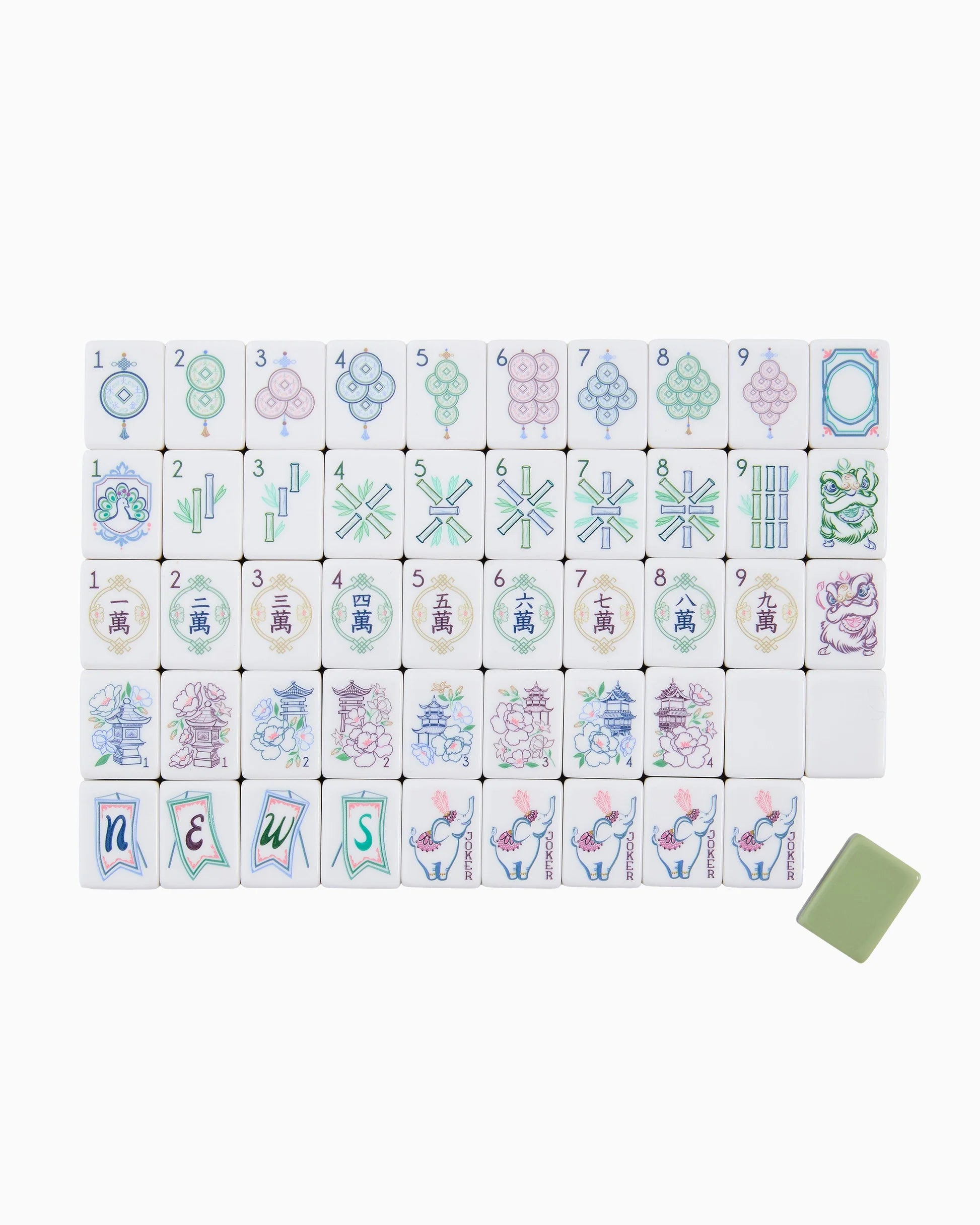 Full set of Willow Mahjong Tiles featuring circles, bamboo, characters, dragons, winds, flowers, seasons, and a green blank tile. Available in standard and large sizes.