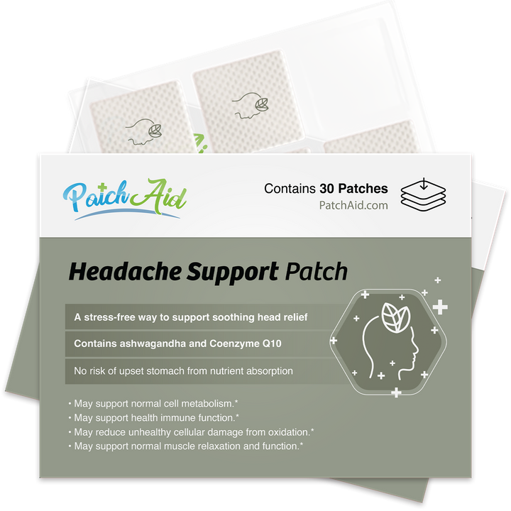 Headache Support Patch - Relief, Calm &amp; Relaxation Aid in 1-pack size, featuring text about headache relief benefits and ingredients like ashwagandha and Coenzyme Q10; package design includes simple line art of a head with a leaf.