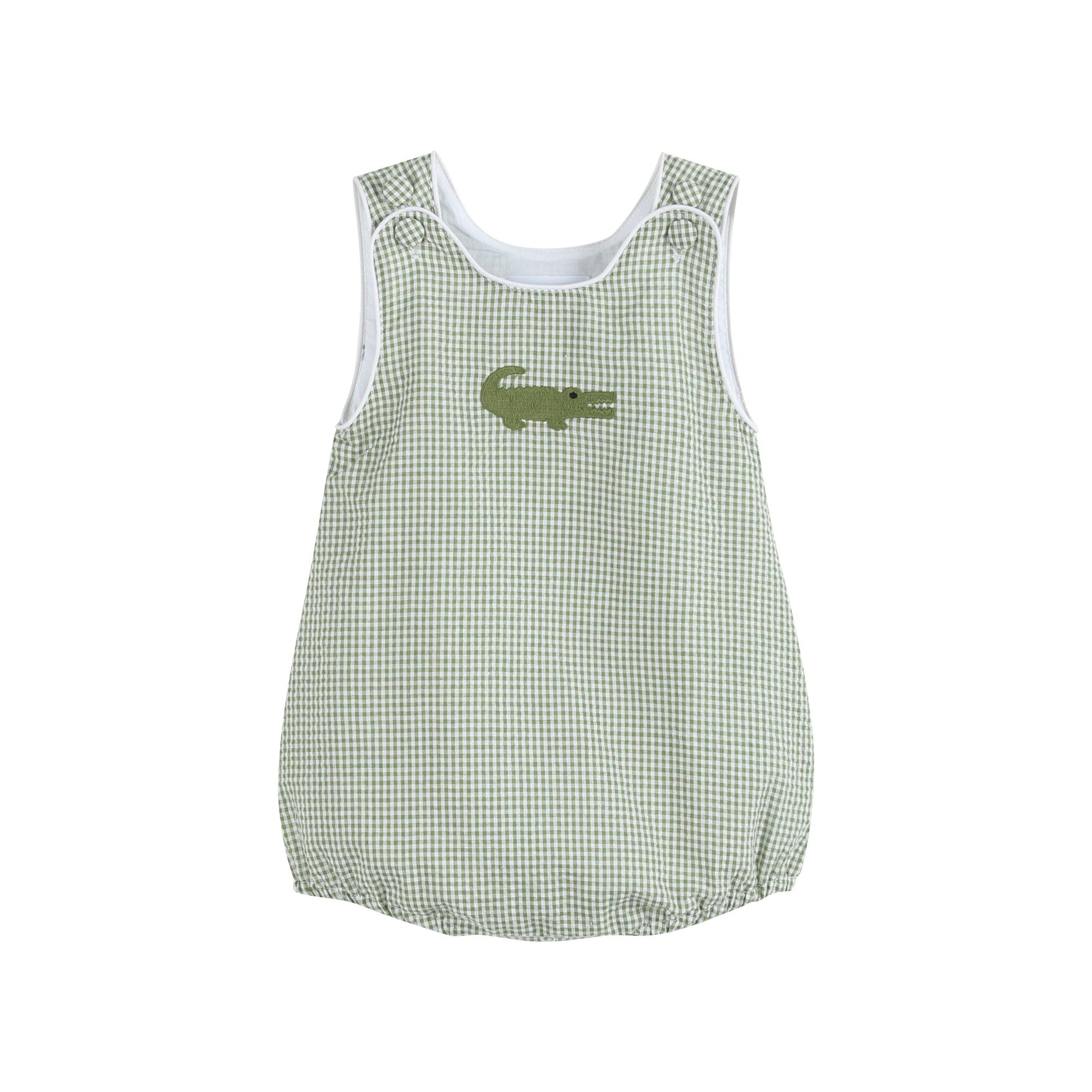 Green gingham sleeveless bubble romper with white trim, alligator embroidery. Available in baby sizes.