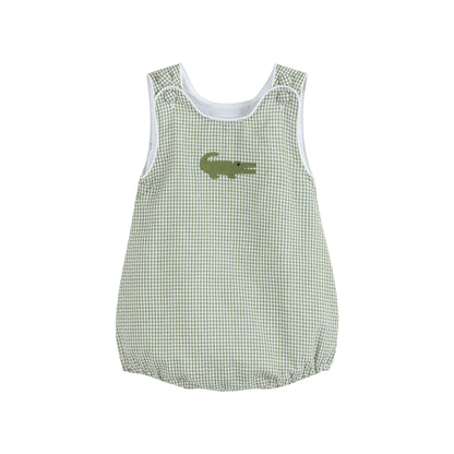 Green gingham sleeveless bubble romper with white trim, alligator embroidery. Available in baby sizes.