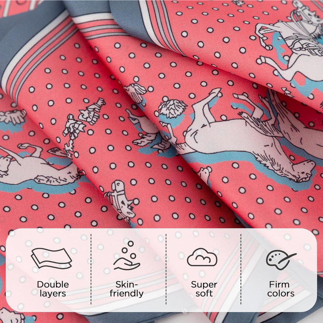 Pink silk scarf with white horse and dot pattern, double layers, skin-friendly, super soft, firm colors. Sizes: S/M/L/XL.
