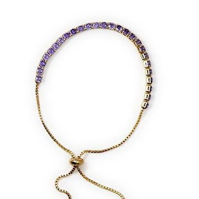 Adjustable Dazzle Bracelet with purple gemstones on one side, gold rectangular links on the other. Available in S, M, L.