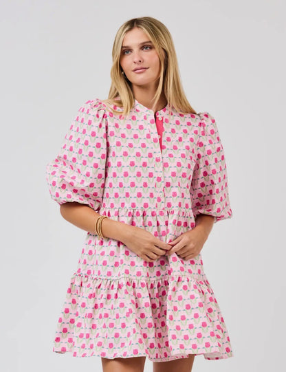 Mini Riley Flora Fanfare Dress: white with pink patterns, puffed 3/4 sleeves, tiered mini skirt. Available in XL and other sizes.