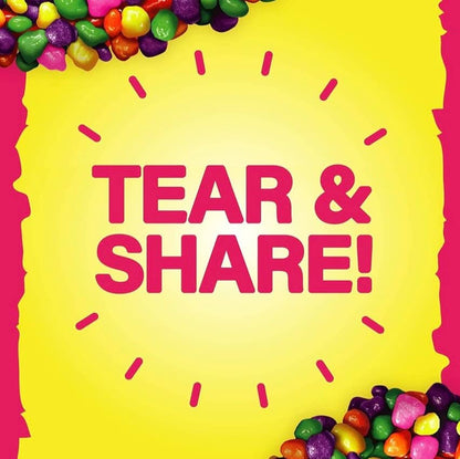 NERDS Rope Clusters Original Rainbow gummy candy. Available sizes: 3oz, 8oz. "TEAR & SHARE!" in bold pink text.