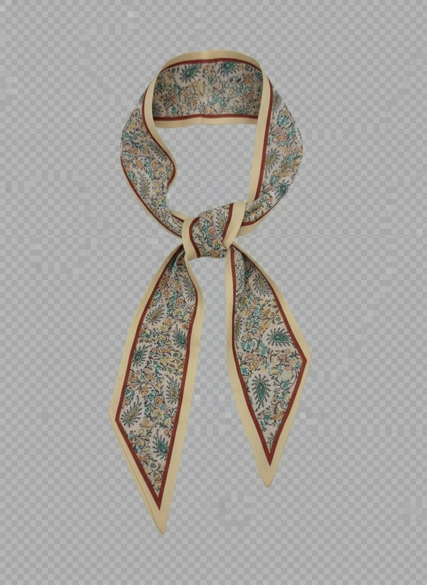 Floral silk Scarf Necklace with cream and red borders, tied in a loose knot. Available in S, M, L.