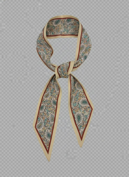 Floral silk Scarf Necklace with cream and red borders, tied in a loose knot. Available in S, M, L.