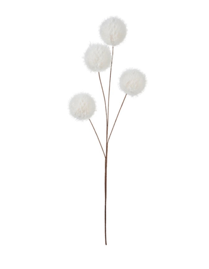 Faux Snowball Pick with four fuzzy white pom-pom blooms on thin stems.