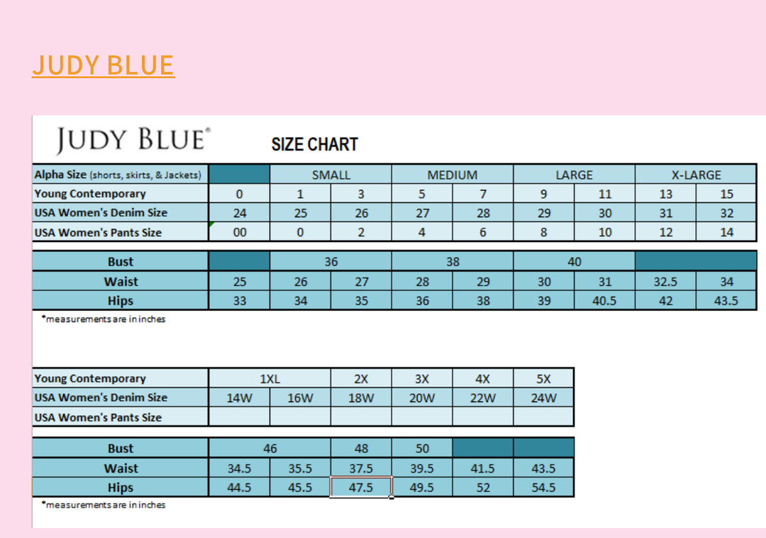 Judy Blue Tummy Control Garment Shorts size chart, women&