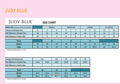 Judy Blue Tummy Control Garment Shorts size chart, women's S–3X, with bust, waist, and hip measurements for regular and plus.