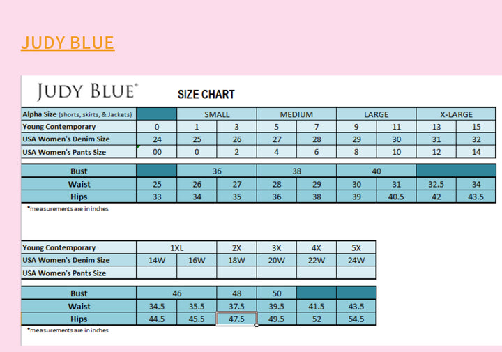 Judy Blue Tummy Control Garment Shorts size chart, women&