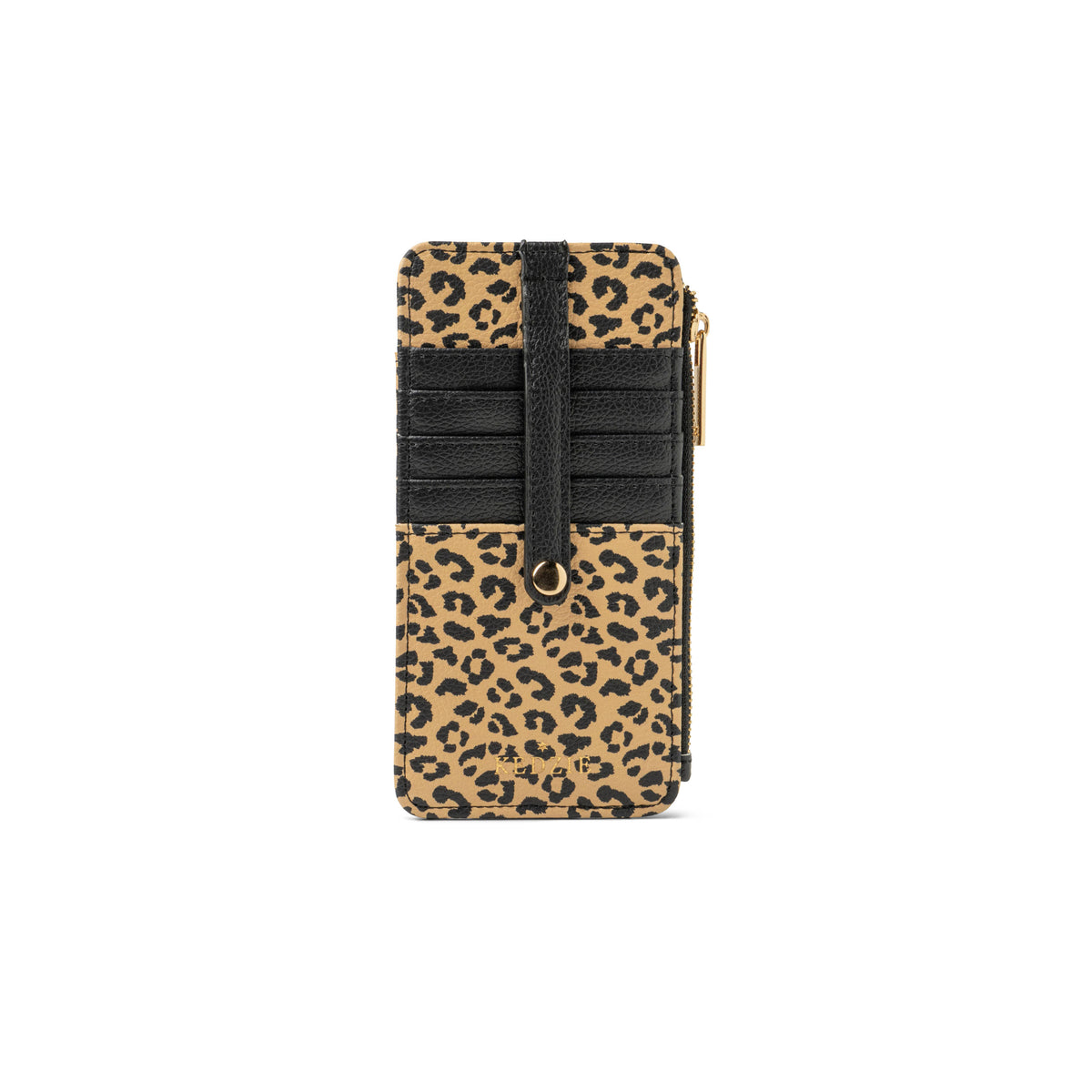 Sleek vegan leather wallet with bold leopard print, black card slots, black strap with gold ring, right-side zippered cash pocket with gold zipper, and cheetah print lining. Sizes available: not specified.